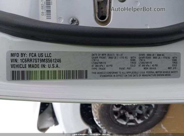 1C6RR7ST9MS561246 2021 RAM 1500 CLASSIC White Engine compartment view
