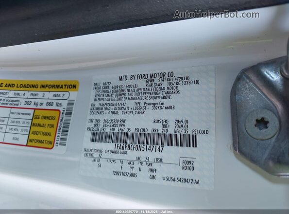 1FA6P8CF0N5147147 2022 FORD MUSTANG Белый Вид подкапотного пространства