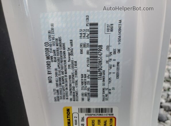 1FA6P8CF0N5147908 2022 FORD MUSTANG White Widok komory silnika