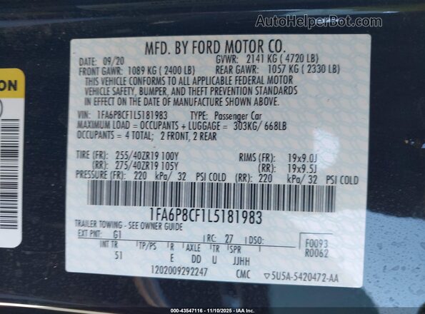 1FA6P8CF1L5181983 2020 FORD MUSTANG Black Widok komory silnika