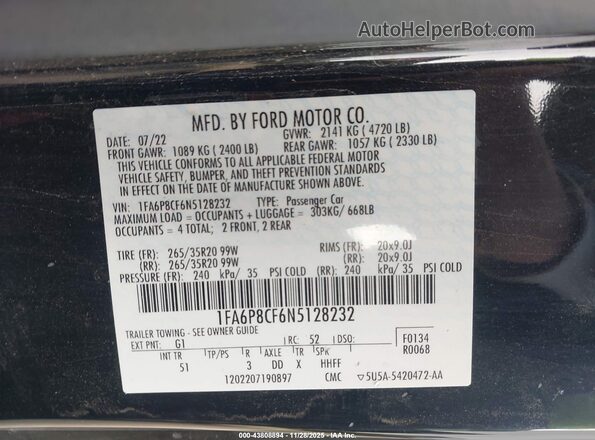 1FA6P8CF6N5128232 2022 FORD MUSTANG Черный Вид подкапотного пространства