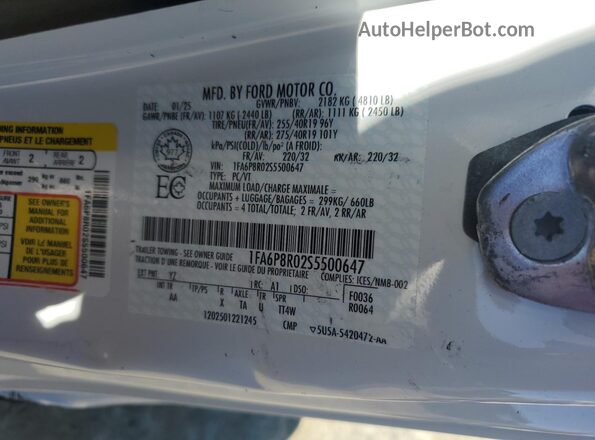 1FA6P8R02S5500647 2025 FORD MUSTANG White VIN կոդի պիտակի տեսք