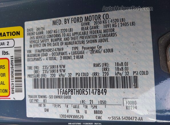 1FA6P8TH0R5147849 2024 FORD MUSTANG Light Blue Widok komory silnika