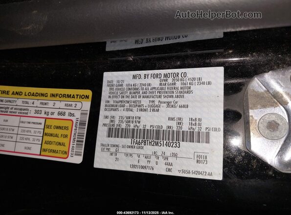 1FA6P8TH2M5140233 2021 FORD MUSTANG Black 