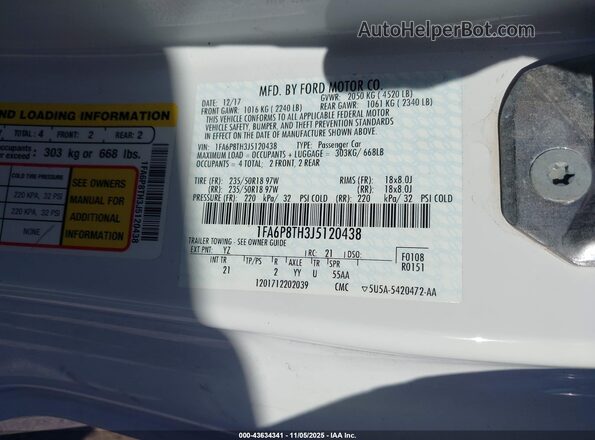 1FA6P8TH3J5120438 2018 FORD MUSTANG White 
