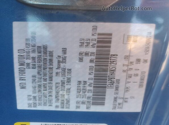 1FA6P8TH4K5129778 2019 FORD MUSTANG Blue Widok komory silnika