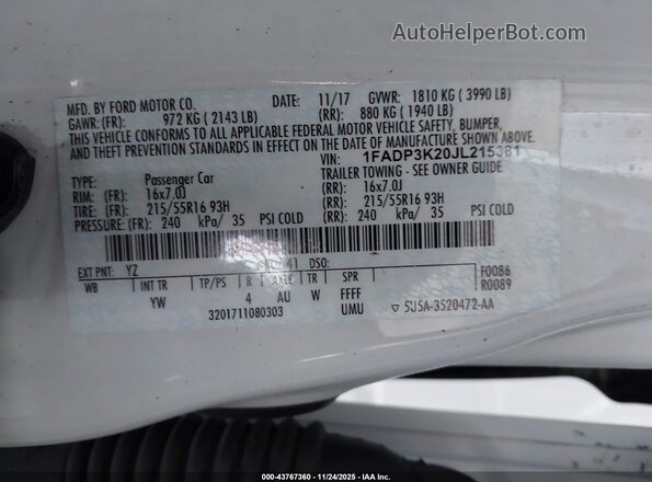 1FADP3K20JL215381 2018 FORD FOCUS Черный Вид подкапотного пространства
