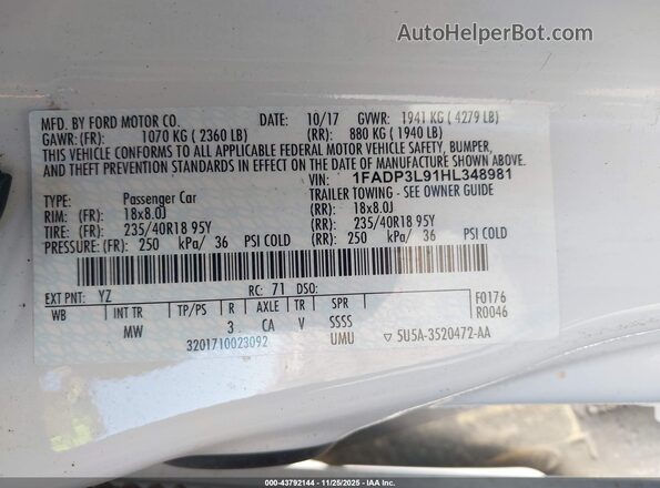 1FADP3L91HL348981 2017 FORD FOCUS ST White ძრავის განყოფილების ხედი