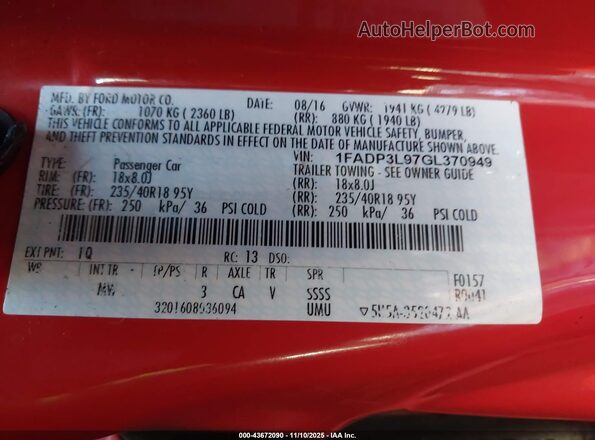 1FADP3L97GL370949 2016 FORD FOCUS ST Красный Вид подкапотного пространства