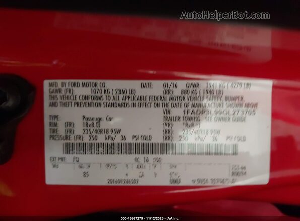 1FADP3L99GL273705 2016 FORD FOCUS ST Red Вид підкапотного простору