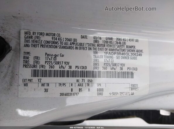 1FADP3R46GL306249 2016 FORD FOCUS ELECTRIC Белый Вид подкапотного пространства