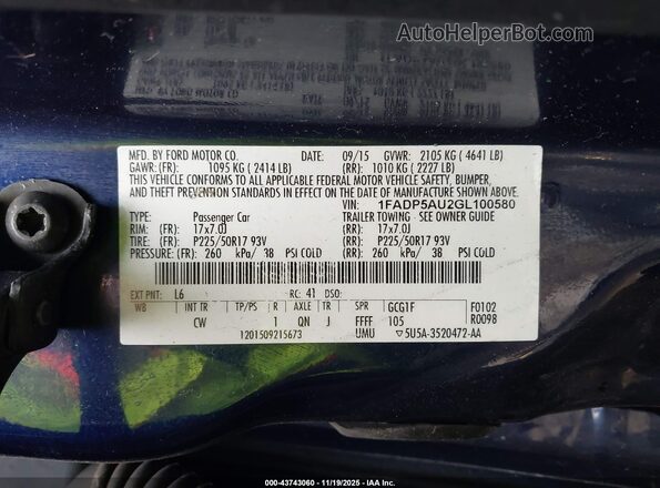 1FADP5AU2GL100580 2016 FORD C-MAX HYBRID Blue Vista del compartimento del motor