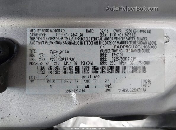 1FADP5CUXGL108360 2016 FORD C-MAX ENERGI Silver Widok komory silnika