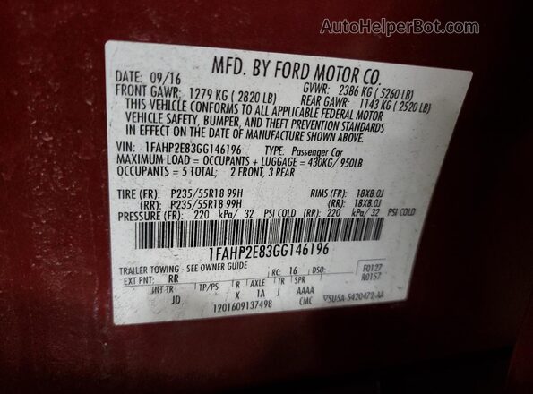 1FAHP2E83GG146196 2016 FORD TAURUS Red Vista del compartimento del motor