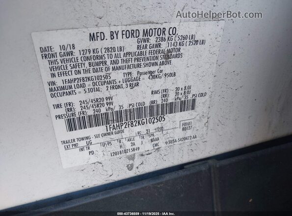 1FAHP2F82KG102505 2019 FORD TAURUS White Vista del compartimento del motor