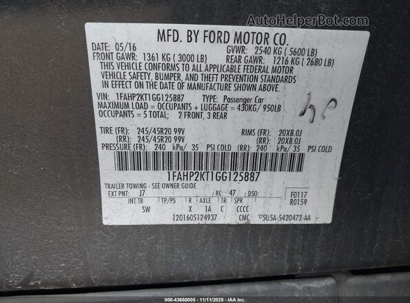 1FAHP2KT1GG125887 2016 FORD TAURUS Gray ძრავის განყოფილების ხედი