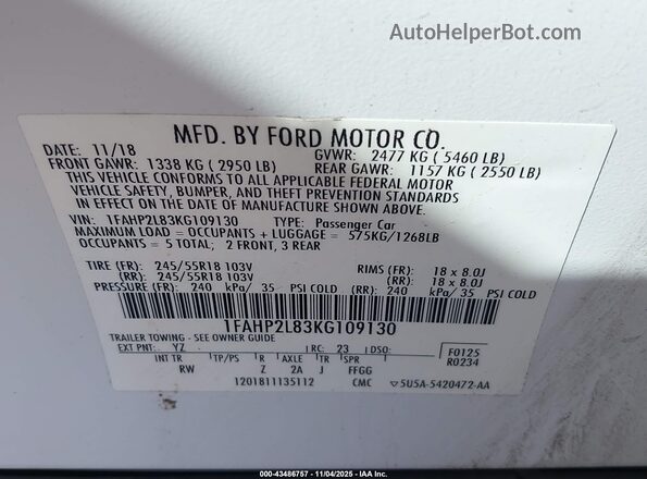 1FAHP2L83KG109130 2019 FORD POLICE INTERCEPTOR White Widok komory silnika