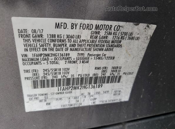 1FAHP2MK2HG136189 2017 FORD TAURUS Charcoal Вид підкапотного простору