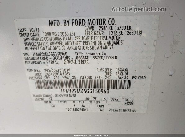 1FAHP2MK5GG150960 2016 FORD POLICE INTERCEPTOR White Շարժիչի բաժամունքի տեսք