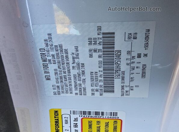 1FATP8UH4P5104050 2023 FORD MUSTANG Белый Вид наклейки с VIN-кодом