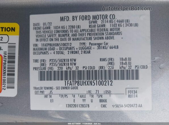 1FATP8UHXN5100212 2022 FORD MUSTANG Silver Вид підкапотного простору