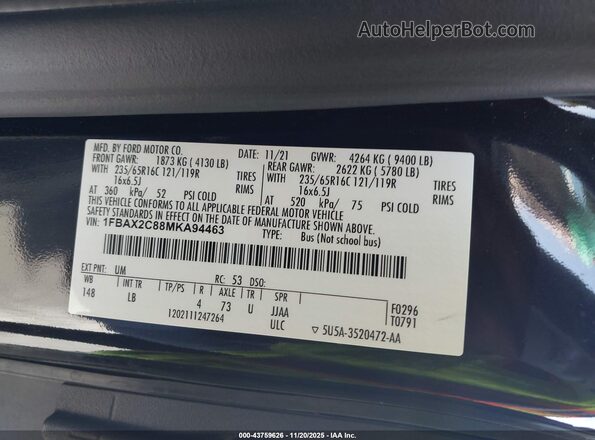 1FBAX2C88MKA94463 2021 FORD PASSENGER Black Widok komory silnika