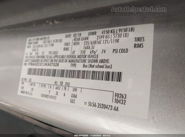 1FBAX2CG1JKA57628 2018 FORD TRANSIT-350 Silver 
