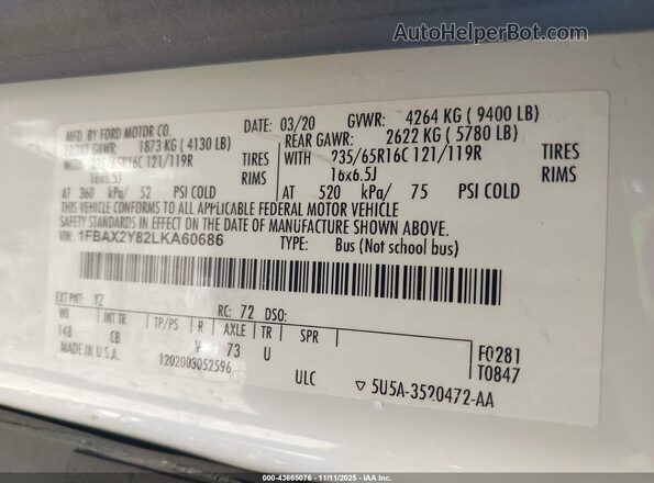 1FBAX2Y82LKA60686 2020 FORD PASSENGER White Engine compartment view