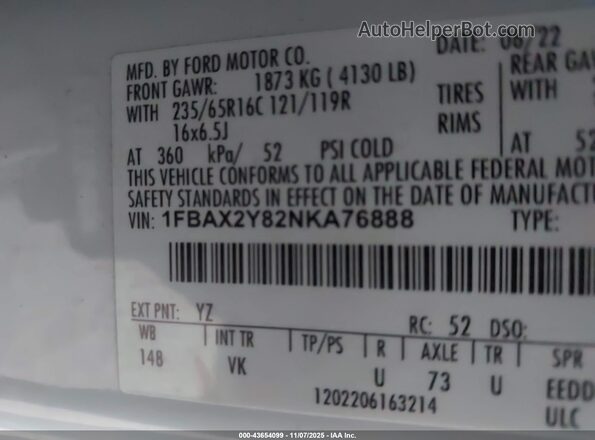 1FBAX2Y82NKA76888 2022 FORD PASSENGER White ძრავის განყოფილების ხედი