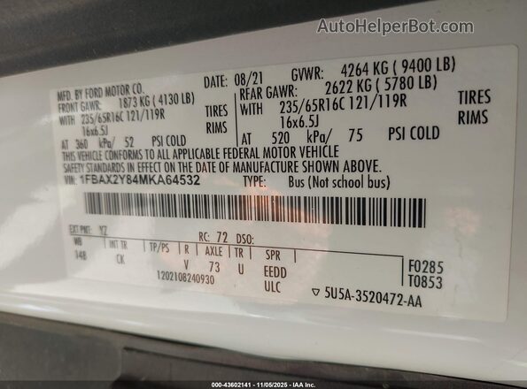 1FBAX2Y84MKA64532 2021 FORD PASSENGER White ძრავის განყოფილების ხედი