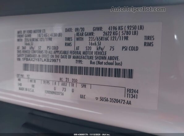 1FBAX2Y87LKB29971 2020 FORD PASSENGER Белый Вид подкапотного пространства