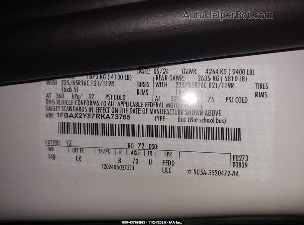 1FBAX2Y87RKA73765 2024 FORD PASSENGER White Widok komory silnika