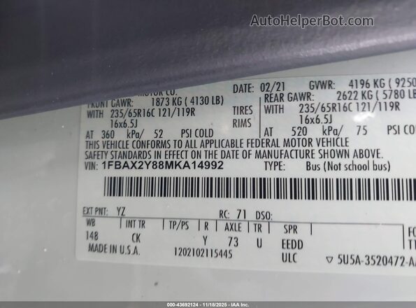 1FBAX2Y88MKA14992 2021 FORD PASSENGER White ძრავის განყოფილების ხედი