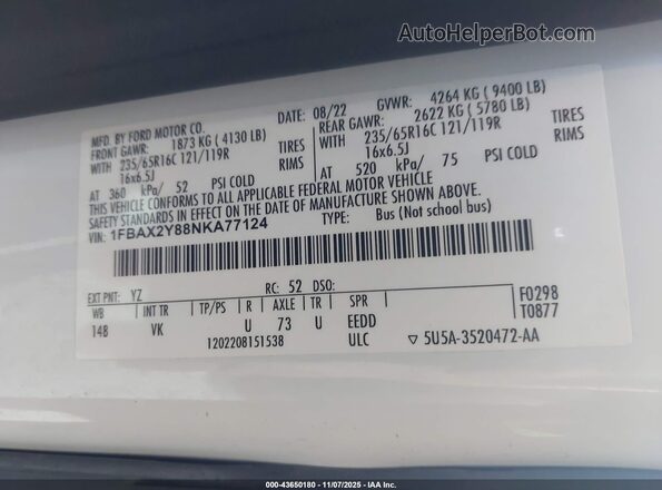 1FBAX2Y88NKA77124 2022 FORD PASSENGER White Вид підкапотного простору