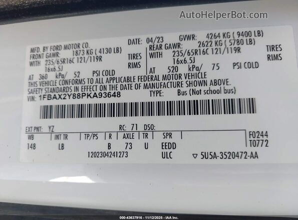1FBAX2Y88PKA93648 2023 FORD PASSENGER White Շարժիչի բաժամունքի տեսք