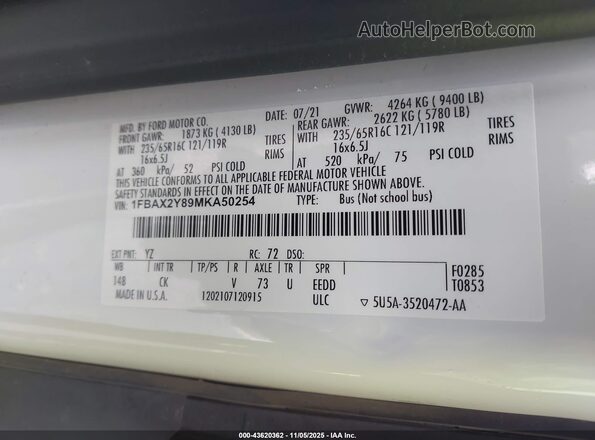 1FBAX2Y89MKA50254 2021 FORD TRANSIT-350 White Engine compartment view