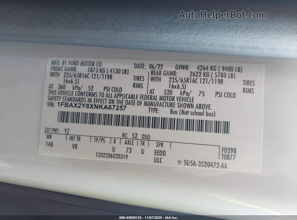1FBAX2Y8XNKA67257 2022 FORD PASSENGER White Вид підкапотного простору