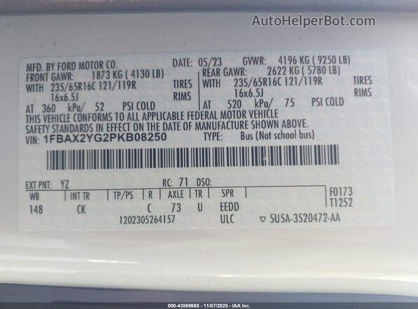 1FBAX2YG2PKB08250 2023 FORD PASSENGER White ძრავის განყოფილების ხედი