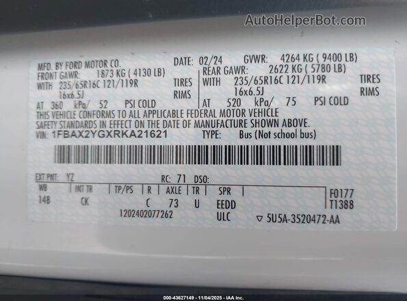 1FBAX2YGXRKA21621 2024 FORD PASSENGER White ძრავის განყოფილების ხედი