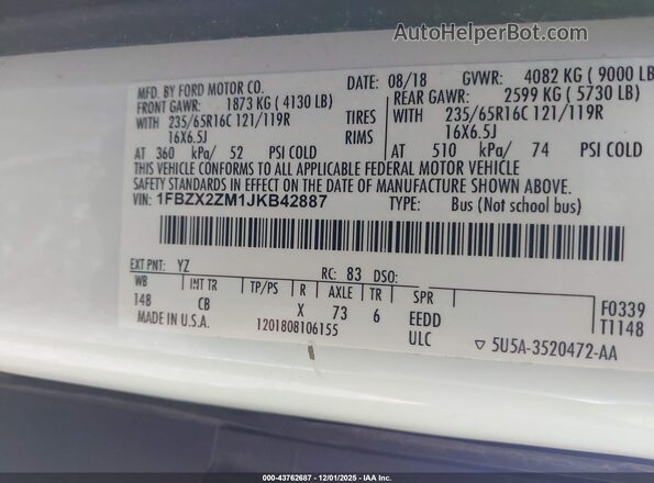 1FBZX2ZM1JKB42887 2018 FORD TRANSIT-350 White Вид підкапотного простору