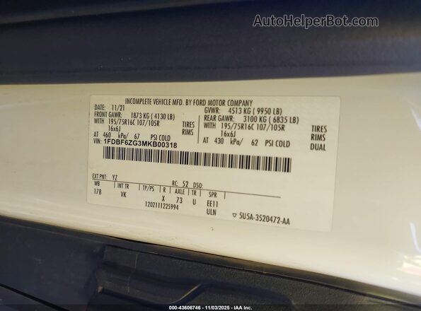 1FDBF6ZG3MKB00318 2021 FORD TRANSIT-350 White ძრავის განყოფილების ხედი