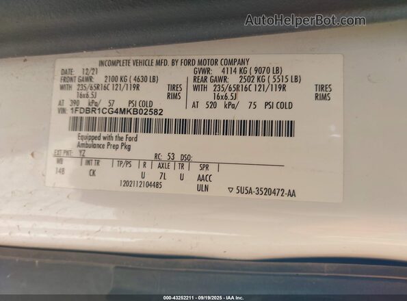 1FDBR1CG4MKB02582 2021 FORD TRANSIT-250 White Շարժիչի բաժամունքի տեսք