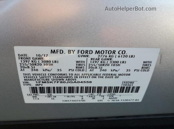1FM5K7F80JGA04558 2018 FORD FORD EXPLORER Silver VIN sticker view