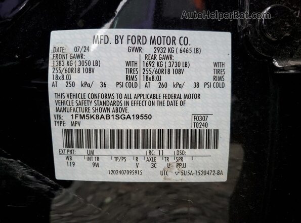 1FM5K8AB1SGA19550 2025 FORD FORD EXPLORER Black Widok naklejki z numerem VIN