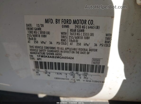 1FM5K8AB2MGA65424 2021 FORD POLICE INTERCEPTOR Белый Вид подкапотного пространства