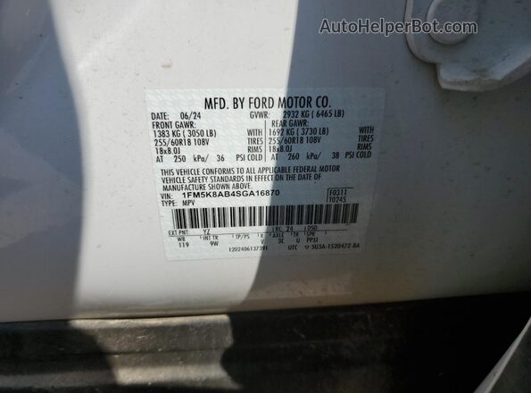 1FM5K8AB4SGA16870 2025 FORD FORD EXPLORER White VIN კოდის სტიკერის ხედი