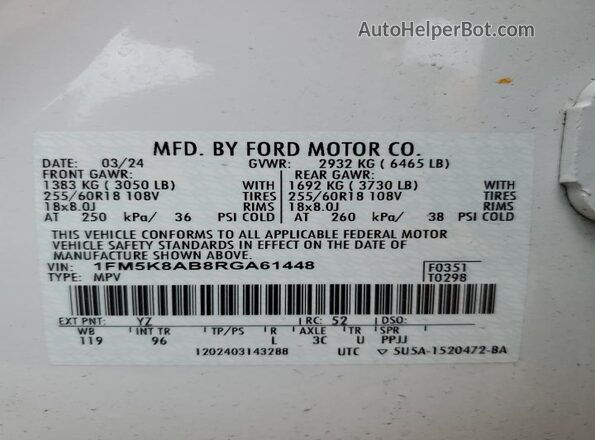 1FM5K8AB8RGA61448 2024 FORD FORD EXPLORER Белый Вид наклейки с VIN-кодом