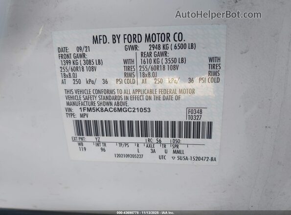 1FM5K8AC6MGC21053 2021 FORD POLICE INTERCEPTOR White ძრავის განყოფილების ხედი