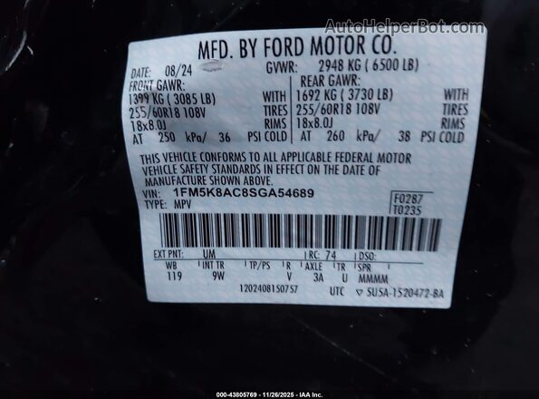 1FM5K8AC8SGA54689 2025 FORD POLICE INTERCEPTOR Black ძრავის განყოფილების ხედი