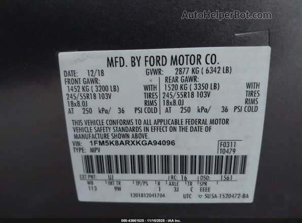 1FM5K8ARXKGA94096 2019 FORD POLICE INTERCEPTOR Gray 